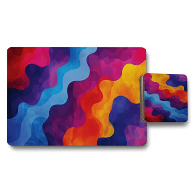 B&Q -  Placemat And Coaster Set Of 12 With Wood Bottom In Vibrant Abstract Designer Artwork Collection