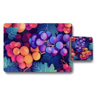 B&Q -  Grape Motif Placemat And Coaster Set Designer Artwork Collection With Wood Base Limited Edition