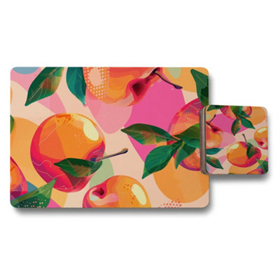 B&Q -  Peach Bloom Designer Placemat And Coaster Set With Wood Bottom Limited Edition Set Of 12
