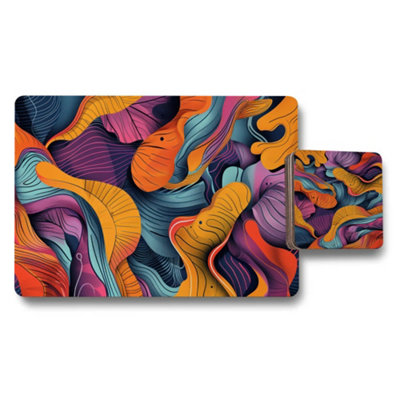 B&Q -  Abstract Designer Artwork Placemat And Coaster Set With Wood Bottom Limited Edition