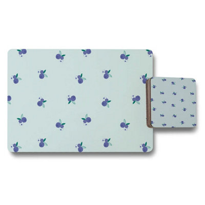 B&Q -  Blueberry Motif Placemat And Coaster Set Designer Artwork Collection With Wood Base Limited Edition