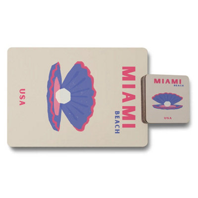 B&Q -  Exclusive Miami Beach Design Placemats And Coasters Set With Wood Bottom Premium Print