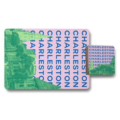 B&Q -  Charleston Placemats And Coasters Set With Wood Bottom Premium Print Collection Exclusive