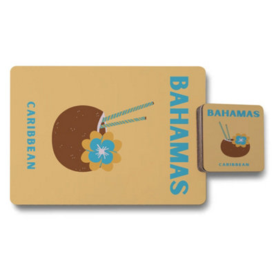 B&Q -  Bahamas Caribbean Placemats And Coaster Set Limited Edition With Wood Bottom And Designer Artwork
