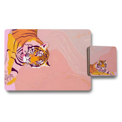 Benjamin Tate Design Tiger Design Placemat And Coaster Set In Luxe Hd Print On Wood Base 12 Piece Exclusive Collection from B&Q