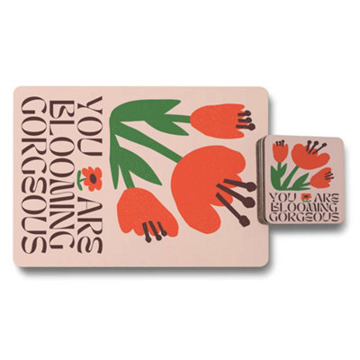 B&Q -  Limited Edition Blooming Gorgeous Placemats And Coasters Set In Designer Artwork With Wood Backing