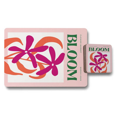 B&Q -  Bloom Flower Market Placemat Coaster Set Designer Artwork Wood Base Limited Edition