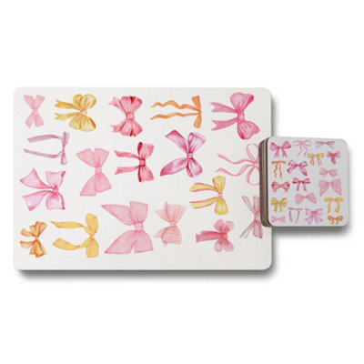 B&Q -  Placemat And Coaster Set With Designer Bow Artwork On Wood Bottom Limited Edition