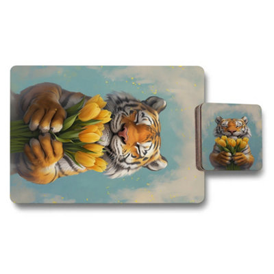 B&Q -  Tiger Tulips Designer Placemat And Coaster Set Luxury Wood Bottom Limited Edition Artwork