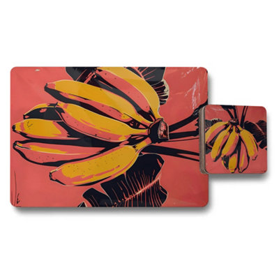 B&Q -  Placemat And Coaster Set Bananas Artwork With Wood Bottom High End Print Technology Limited Edition