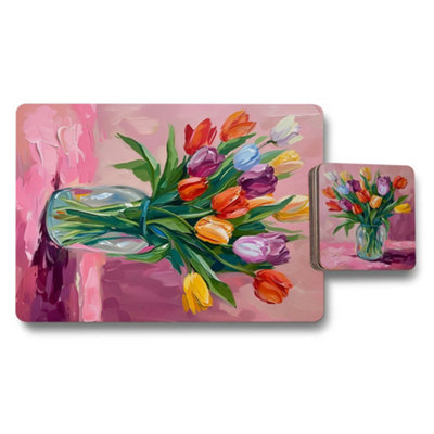 B&Q -  Tulip Bouquet Artwork Placemat Coaster Set With Wood Base Exclusive Limited Edition
