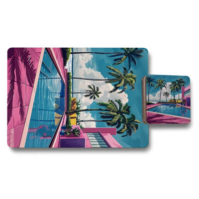 B&Q -  Placemat Coaster Set Palm Tree Print Art Deco Collection Wood Bottom Exclusive Set Of Twelve