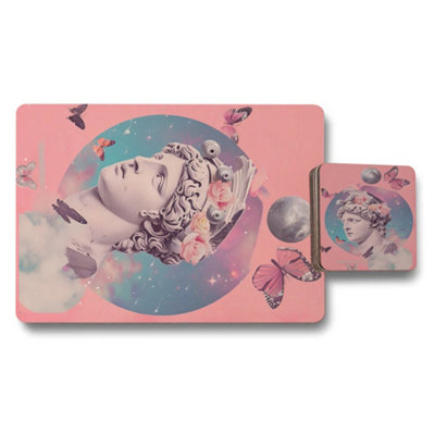 B&Q -  Designer Artwork Placemat Coaster Set With Wood Base Surreal Statue Print Limited Edition