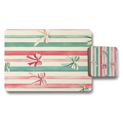 B&Q -  Placemat Coaster Set Striped Bow Wood Bottom Exclusive