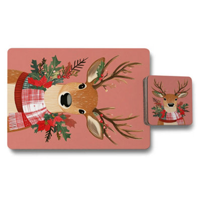 B&Q -  Reindeer Woodland Placemat And Coaster Set With Wood Bottom And Designer Artwork Limited Collection