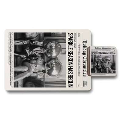 Benjamin Tate Design Designer Newsprint Placemat And Coaster Set With Wood Bottom Signature Monochrome Artwork from B&Q