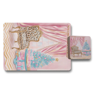 B&Q -  Leopard Print Designer Artwork Placemat And Coaster Set With Wood Bottom Exclusive Limited Edition