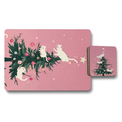 Benjamin Tate Design Placemat And Coaster Set 12 Pieces Pink Christmas Cats Luxe Print Collection Exclusive Design from B&Q