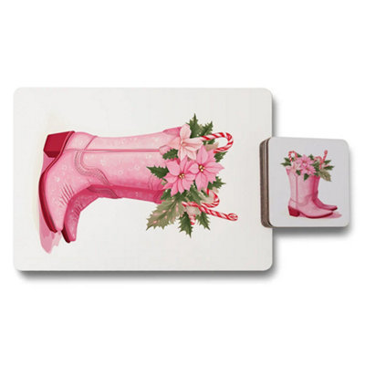 B&Q -  Pink Boots With Poinsettia Designer Placemat And Coaster Set Wood Bottom Limited Edition