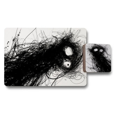 B&Q -  Monochrome Abstract Designer Artwork Placemat And Coaster Set With Wood Backing Limited Edition