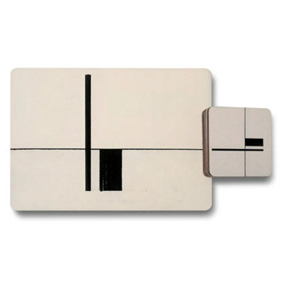 B&Q -  Designer Artwork Placemat And Coaster Set With Wood Base In Abstract Black Lines And Limited Edition