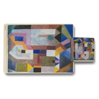 B&Q -  Abstract Art Placemats And Coasters Set With Wood Base Designer Artwork Collection