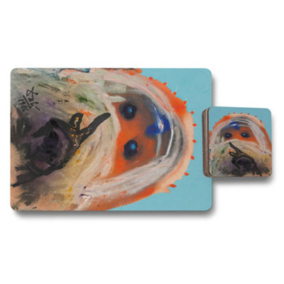 Benjamin Tate Design Designer Artwork Placemat And Coaster Set With Wood Backing Exclusive Abstract Turquoise Orange from B&Q