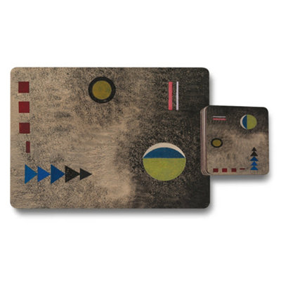 B&Q -  Placemat And Coaster Set Artisanal Geometric Print Technology With Wood Bottom Limited Edition