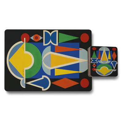 B&Q -  Placemat And Coaster Set With Designer Artwork Abstract Geometric Wood Bottom Limited Edition