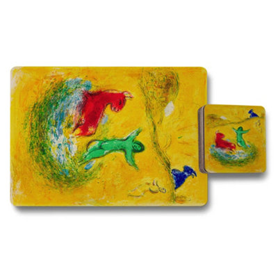 B&Q -  Placemat Coaster Set Abstract Designer Artwork Yellow With Wood Bottom Limited Edition