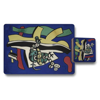 B&Q -  Abstract Artwork Placemats And Coasters Set With Wood Base In Blue Palette Limited Edition