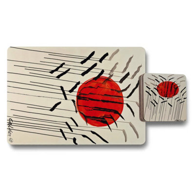 B&Q -  Placemat And Coaster Set Featuring Abstract Red Sun Artwork On Wood Back Limited Edition