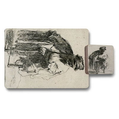 B&Q -  Artisan Placemat Coaster Set Pencil Sketch Art Wood Bottom Heritage Collection Limited Edition