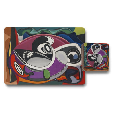 B&Q -  Placemat And Coaster Set In Designer Artwork With Wooden Base Exclusive Limited Edition