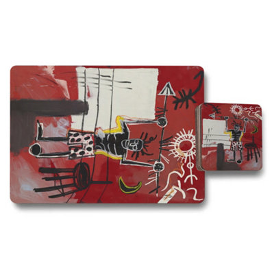 B&Q -  Artisan Coaster And Placemat Set In Red Abstract Artwork Collection Wooden Base Limited Edition