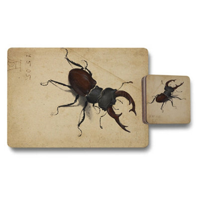 B&Q -  Beetle Motif Placemats And Coaster Set With Designer Artwork And Wooden Backing Limited Edition
