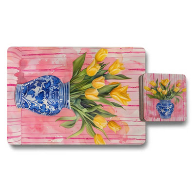 B&Q -  Tulip Bouquet Placemat And Coaster Set In Blue Delft Vase Artwork Limited Edition