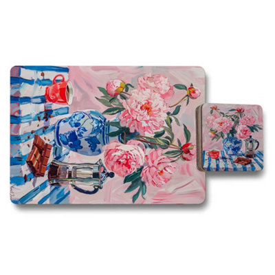 Benjamin Tate Design Floral Peony Placemat And Coaster Set With Wood BottomDesigner Artwork Print12 PieceLimited Edition from B&Q