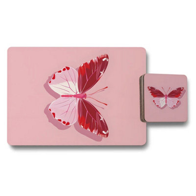 B&Q -  Placemat And Coaster Set Designer Artwork Collection With Wood Bottom Pink Butterfly Exclusive Studio Series