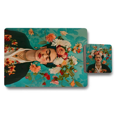 B&Q -  Floral Headpiece Placemat And Coaster Set High End Print Artwork Teal Background Limited Edition