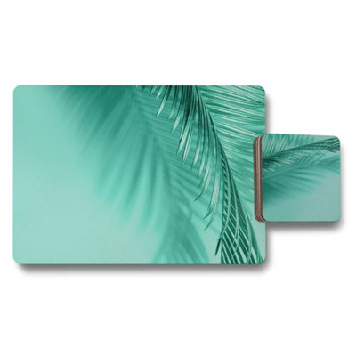 B&Q -  Palm Leaf Placemat And Coaster Set With Wood Bottom Designer Artwork Collection Exclusive