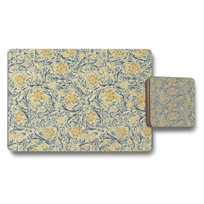 B&Q -  Exclusive Designer Floral Placemat And Coaster Set With Wood Bottom Finish In Blue Gold Artwork