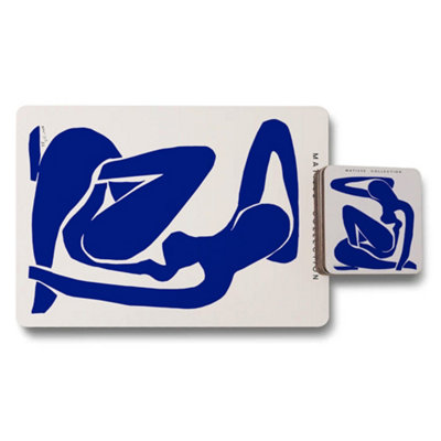 B&Q -  Matisse Collection Placemat And Coaster Set Limited Edition Indigo Abstract Artwork Wood Bottom