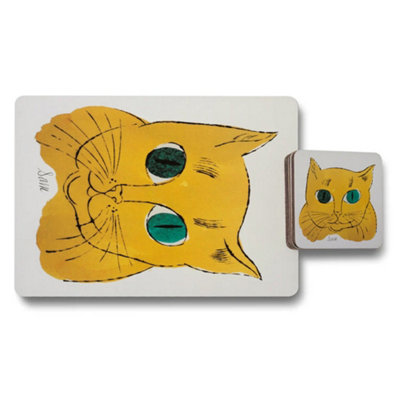 B&Q -  Placemat And Coaster Set Cat Print Collection With Wood Bottom Limited Edition Exclusive