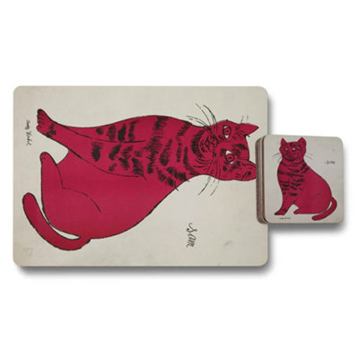 B&Q -  Placemat And Coaster Set Of 12 Cat Art Collection With Wood Base Giclée Print Limited Edition