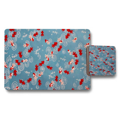B&Q -  Elegant Koi Fish Print Placemat And Coaster SetWood BottomLimited Edition Collection