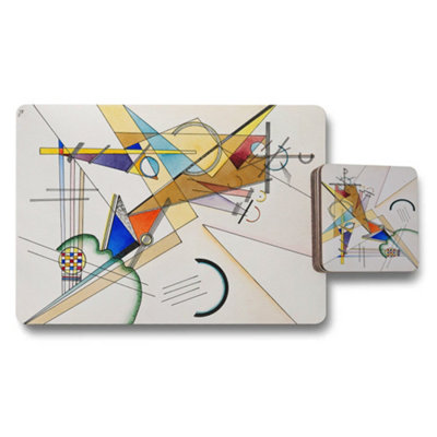 B&Q -  Placemat And Coaster Set Abstract Geometry Print On Wood Base Designer Artwork Collection Limited Edition