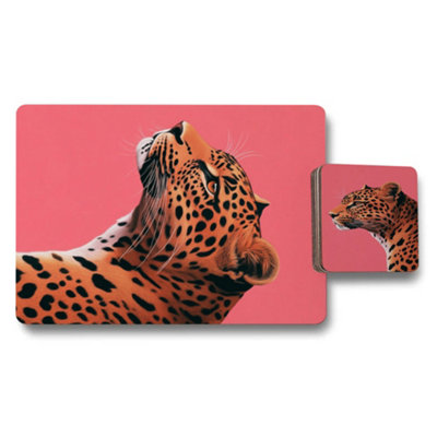 B&Q -  Leopard Pink Placemat And Coaster Set Of 12 Giclee Print On Wood Bottom Exclusive Edition