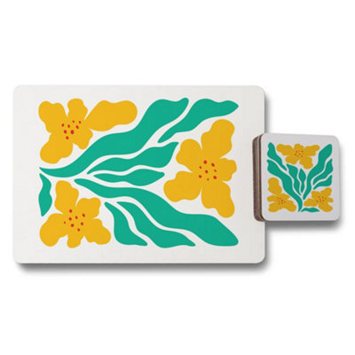 B&Q -  Designer Artwork Placemat And Coaster Set With Wood Bottom In Trend Colors Yellow And Teal Limited Edition