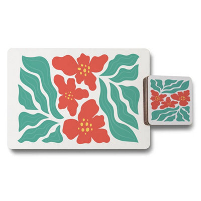 B&Q -  Floral Hibiscus Placemats And Coasters Set With Wood Bottom Designer Artwork Limited Edition